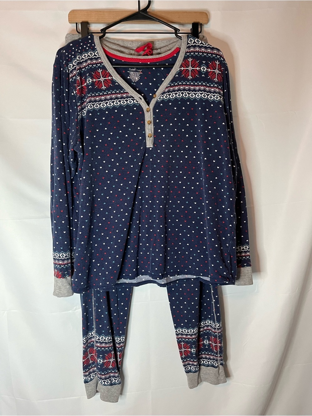 Cuddl Duds Navy Pajama Set with Red & White Fair Isle Details